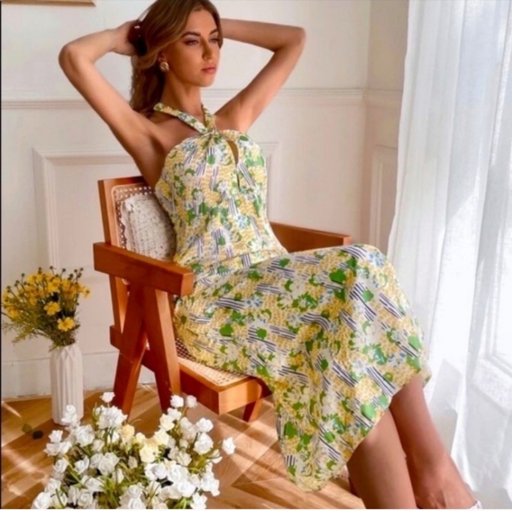 Zara Dainty Floral Print Halter Midi Dress Size Small Summer Dress Lightweight